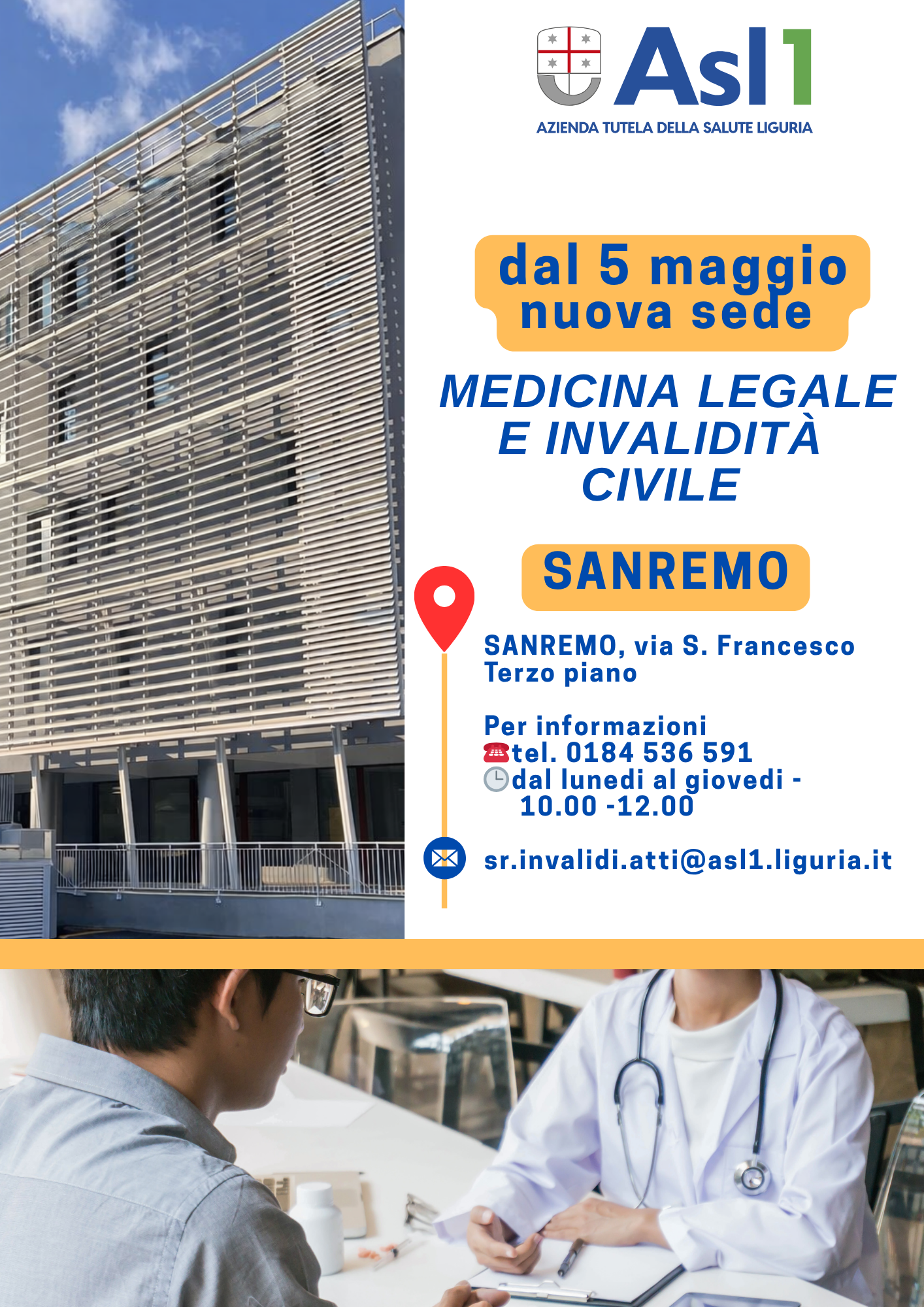 locandina trasferimento servizi Medicina Legale al Palasalute di Sanremo