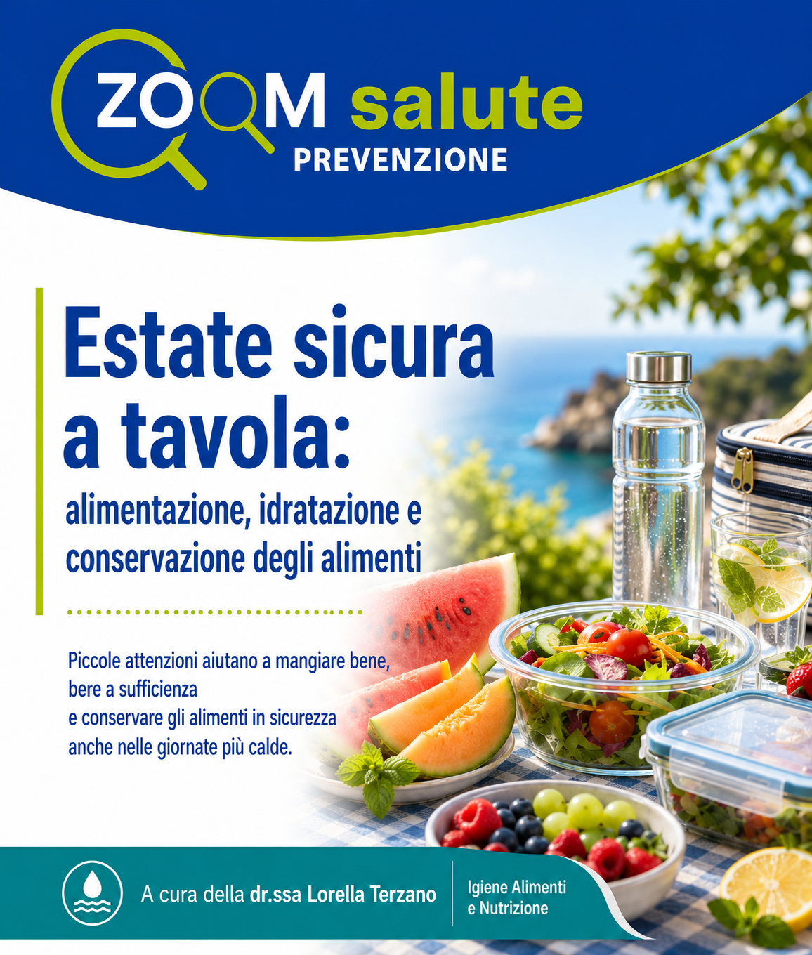Locandina Estate sicura a tavola, alimentazione, idratazione e conservazione degli alimenti