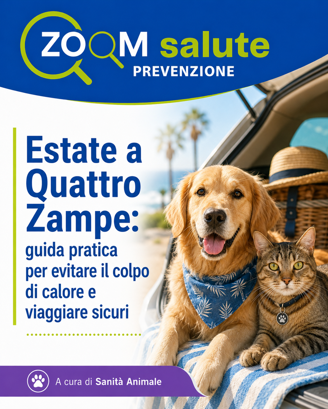 Locandina Estate a quattro zampe, guida pratica per evitare il colpo di calore e viaggiare sicuri